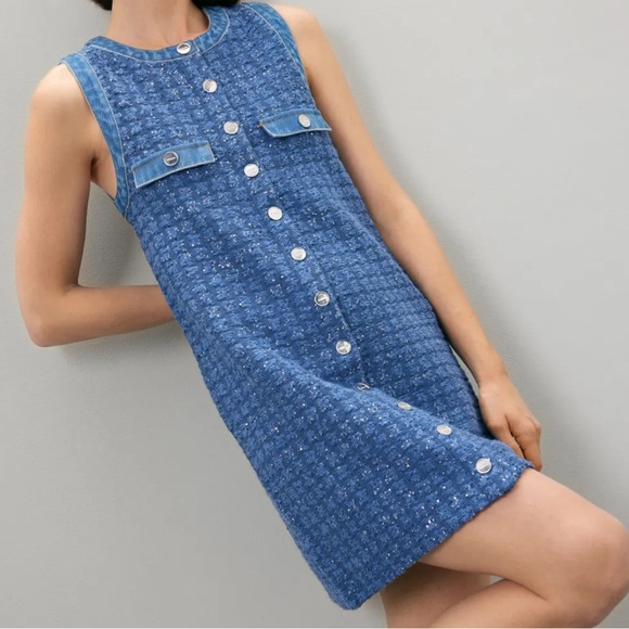 Sandro Navy Blue Tweed Mini Dress with Button Front - Picture 6 of 8